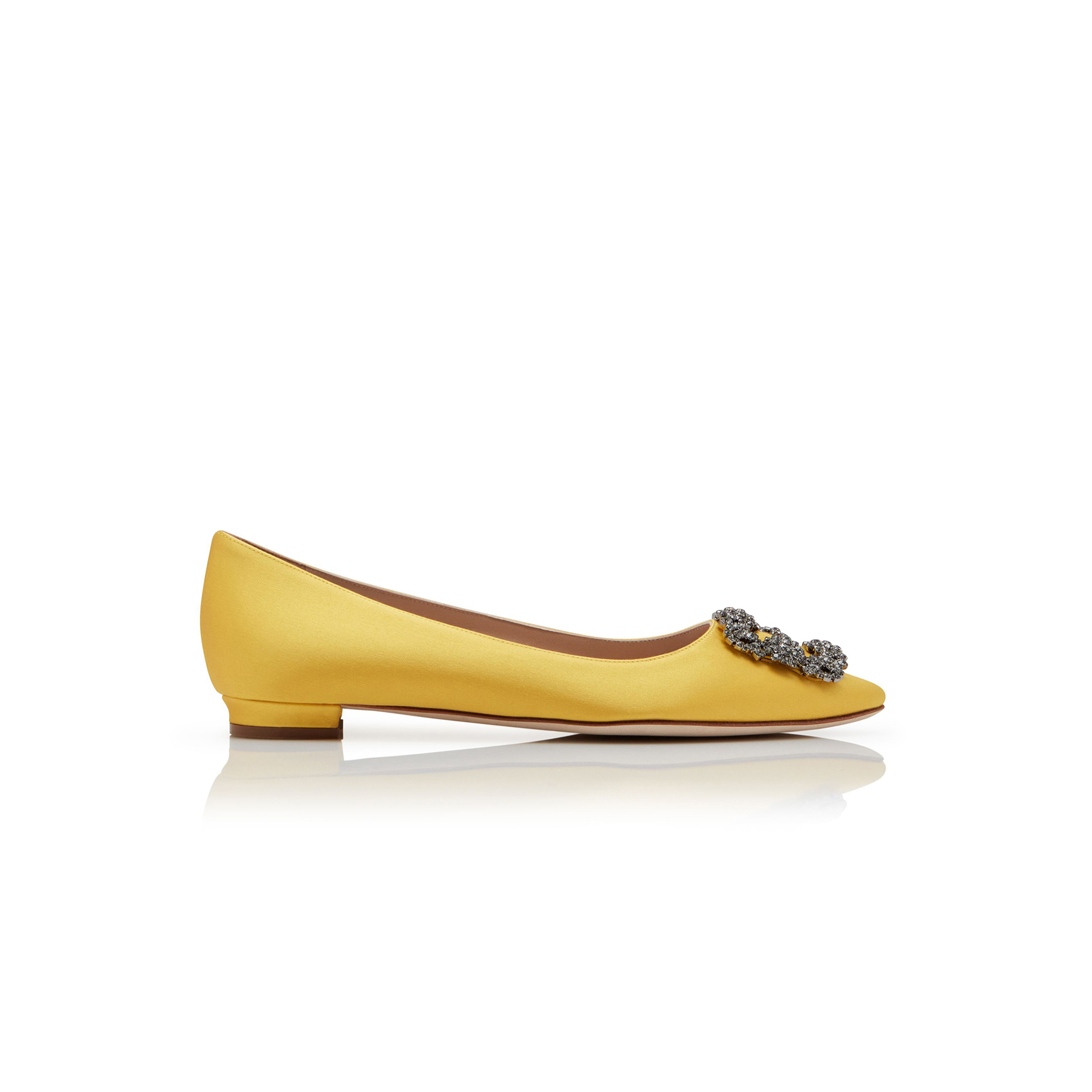 MANOLO BLAHNIK HANGISIFLAT YELLOW SATIN JEWEL BUCKLE FLAT PUMPS 9XX-0348-0048